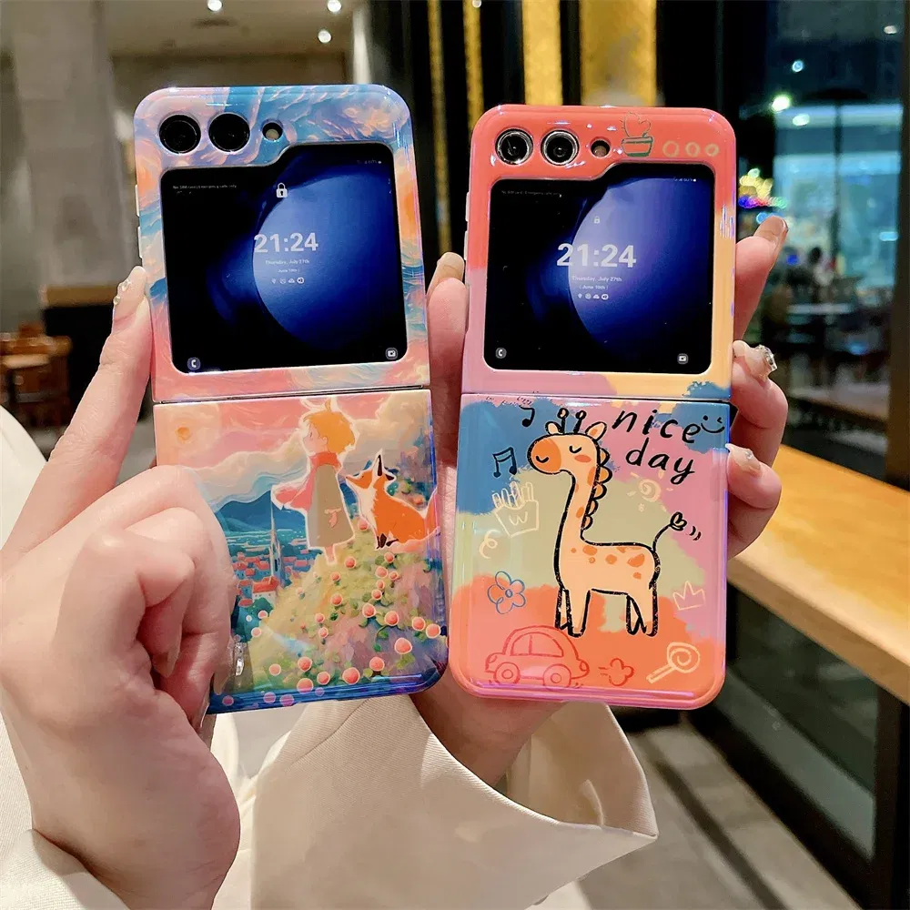 Material: Cotton Fabric, Color: Sky blue - Cute Lazy Cat Deer Oil Painting Z Flip 3 4 5 Case Luxury for Samsung Galaxy Z Flip 4 3 5 Z4 Flip4 Flip3 Flip5 Fashion Cover