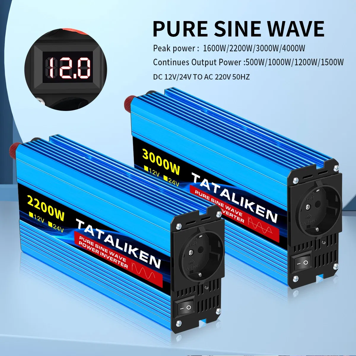 Color Name: Blue - Pure Sine Wave Inverter 1600W/2200W/3000W/4000W DC 12V/24V to AC 220V 50hz Power Inverter Charger Converter Adapter EU Socket