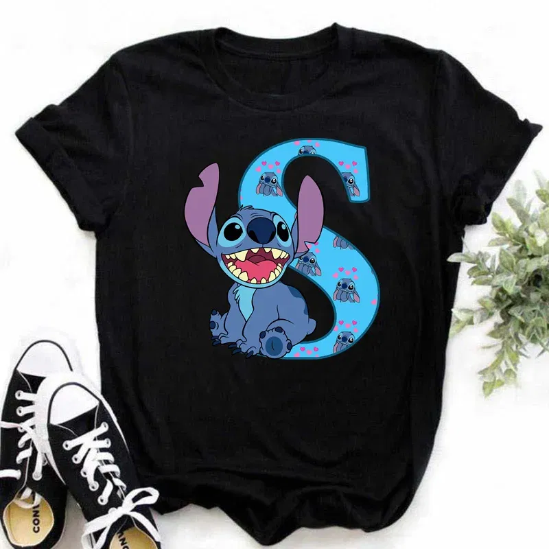 Color: MULTI, Size: S - Disney Lilo&Stitch A-Z Alphabet Summer Women's Printed T-Shirt Women's Casual Tops T-Shirt Fashion Cartoon Plus Size T-Shirt