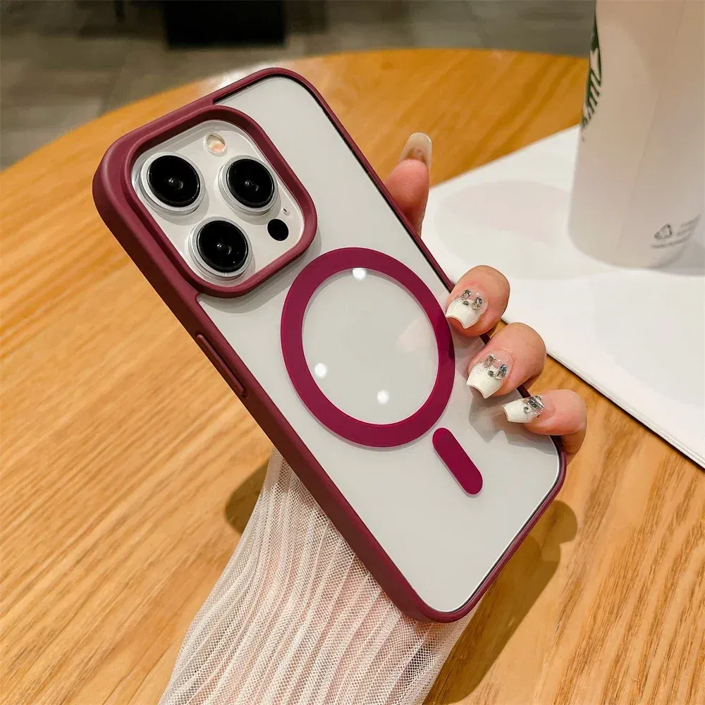 Color: Claret, Material: Microfiber - Luxury Shockproof Magsafe Wireless Charge Case for iPhone 17 Air 16 15 14 Plus 13 12 Mini 11 Pro Max Clear Magnetic Bumper Cover