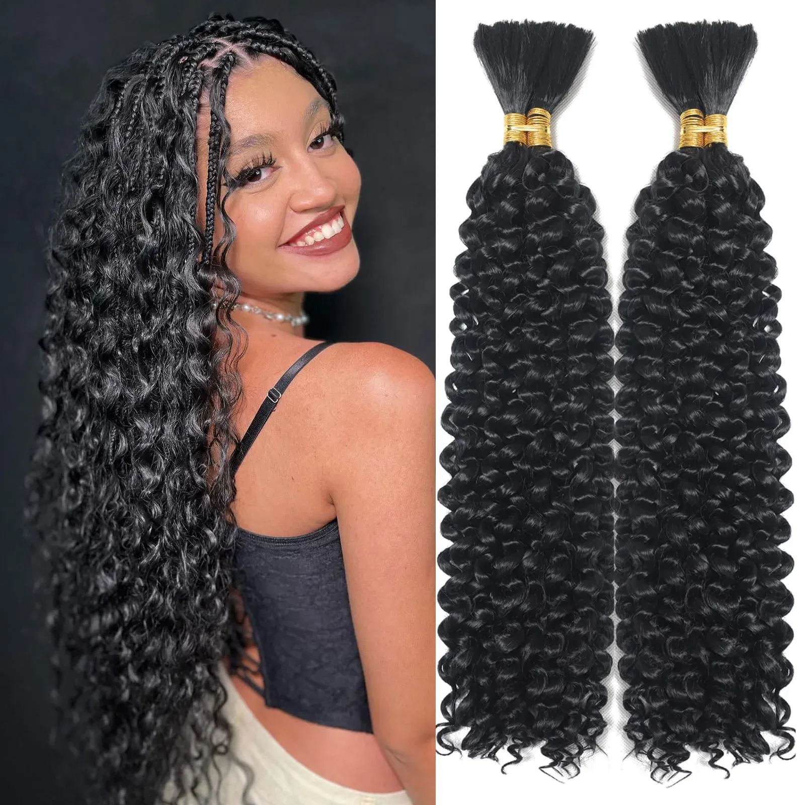 Color: Natural Color, Material Grade: virgin hair, Stretched Length: 16inches, Bulk Buy: 6pcs/lot - Bulk hair braiding Water Wave Bulk 18 inch human hair Boho braids with for knotless box or curly loose wave