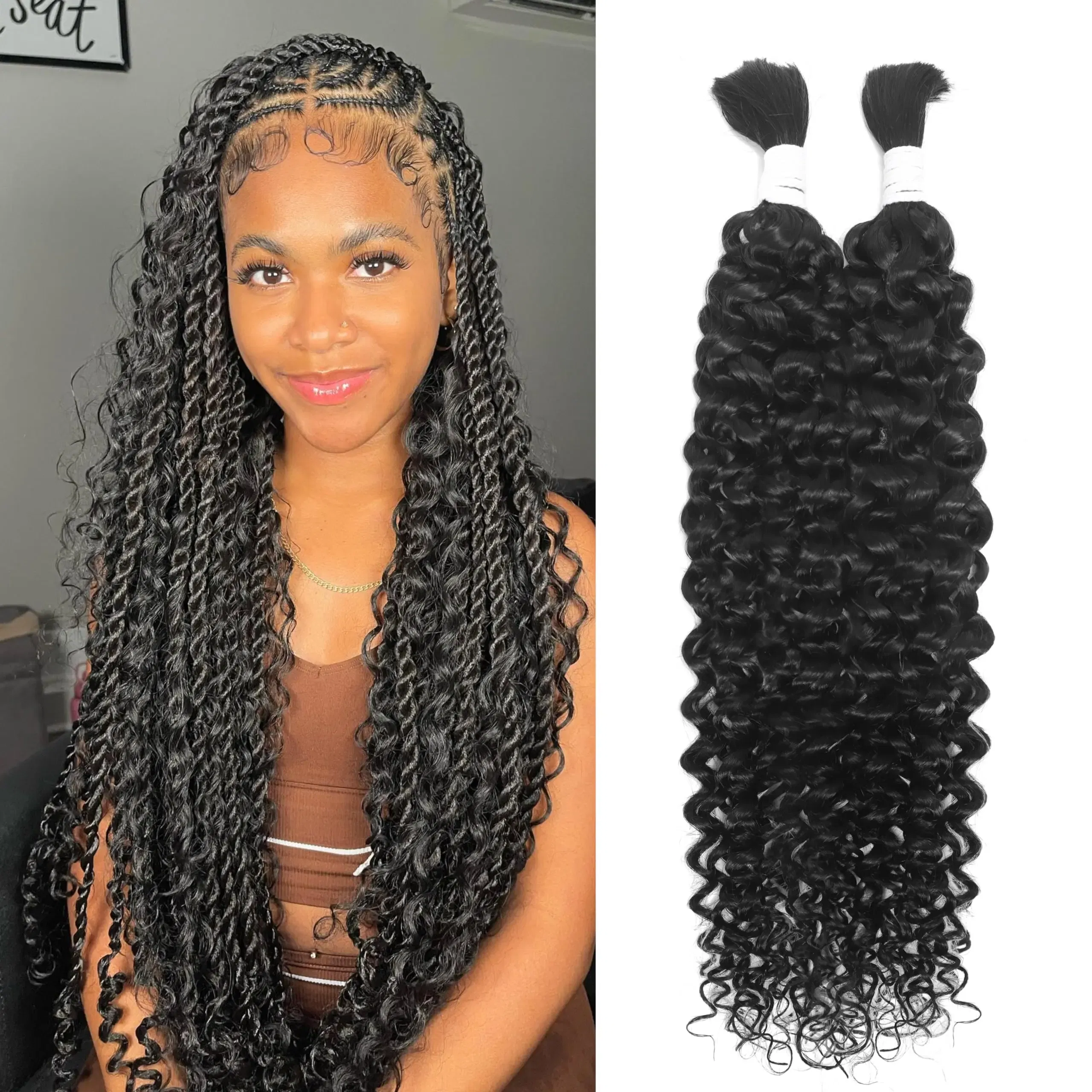 Color: Natural Color, Material Grade: virgin hair, Stretched Length: 16inches, Bulk Buy: 6pcs/lot - Bulk hair braiding Water Wave Bulk 18 inch human hair Boho braids with for knotless box or curly loose wave