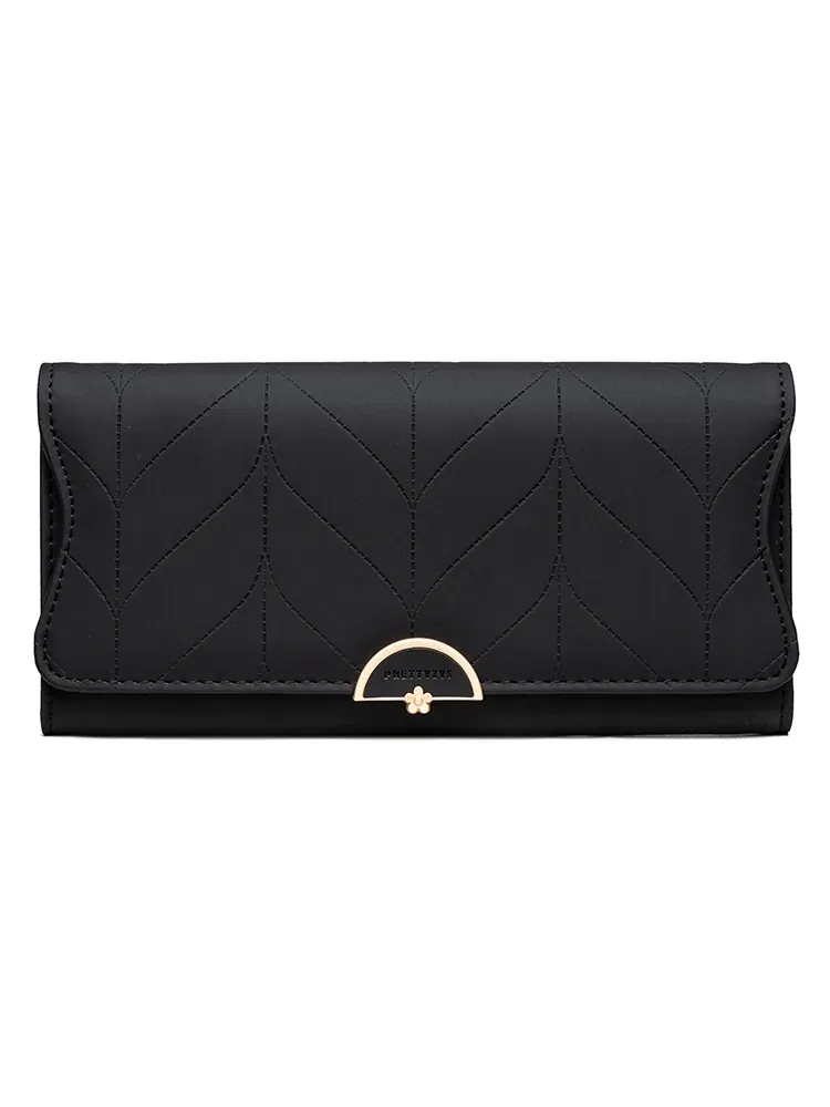 Color: black - 2023 spring new women's long purse Japanese and South Korea small fresh plaid buckle folding hold bag large capacity women's mul