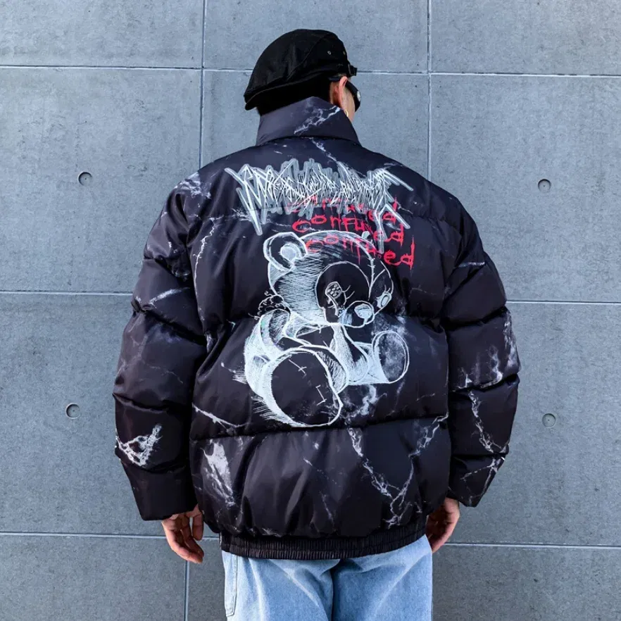 Color: WHITE, Size: M - Winter Down Jacket Coat Men Cartoon Bear Print Parka Fashion Streetwear Casual Loose Thick Warm Padded Oversized Jackets Outwear