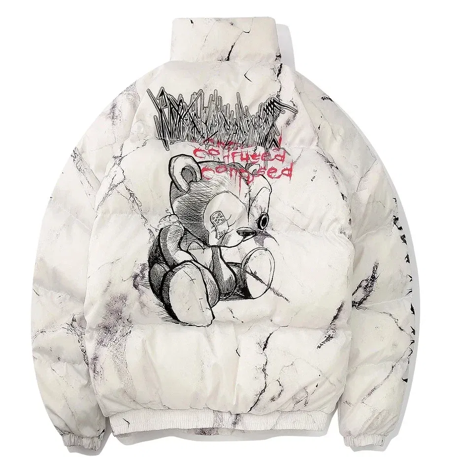 Color: WHITE, Size: M - Winter Down Jacket Coat Men Cartoon Bear Print Parka Fashion Streetwear Casual Loose Thick Warm Padded Oversized Jackets Outwear