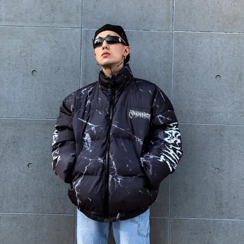 Color: WHITE, Size: M - Winter Down Jacket Coat Men Cartoon Bear Print Parka Fashion Streetwear Casual Loose Thick Warm Padded Oversized Jackets Outwear