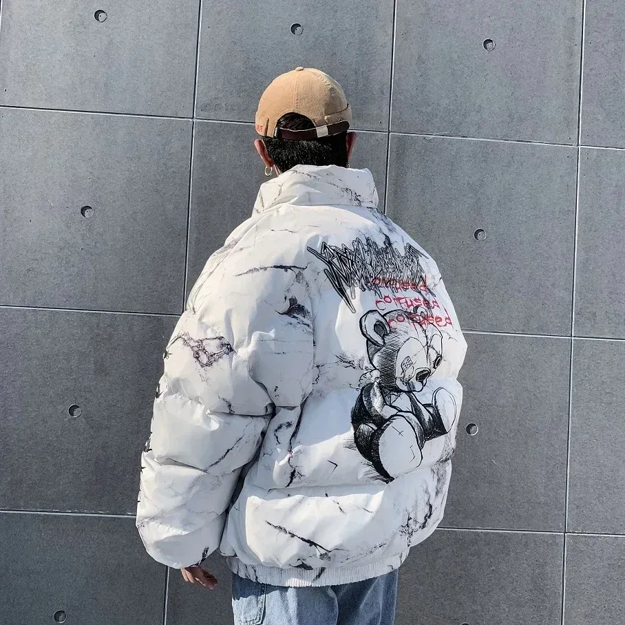 Color: WHITE, Size: M - Winter Down Jacket Coat Men Cartoon Bear Print Parka Fashion Streetwear Casual Loose Thick Warm Padded Oversized Jackets Outwear