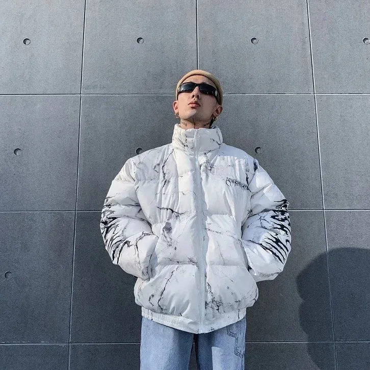 Color: WHITE, Size: M - Winter Down Jacket Coat Men Cartoon Bear Print Parka Fashion Streetwear Casual Loose Thick Warm Padded Oversized Jackets Outwear