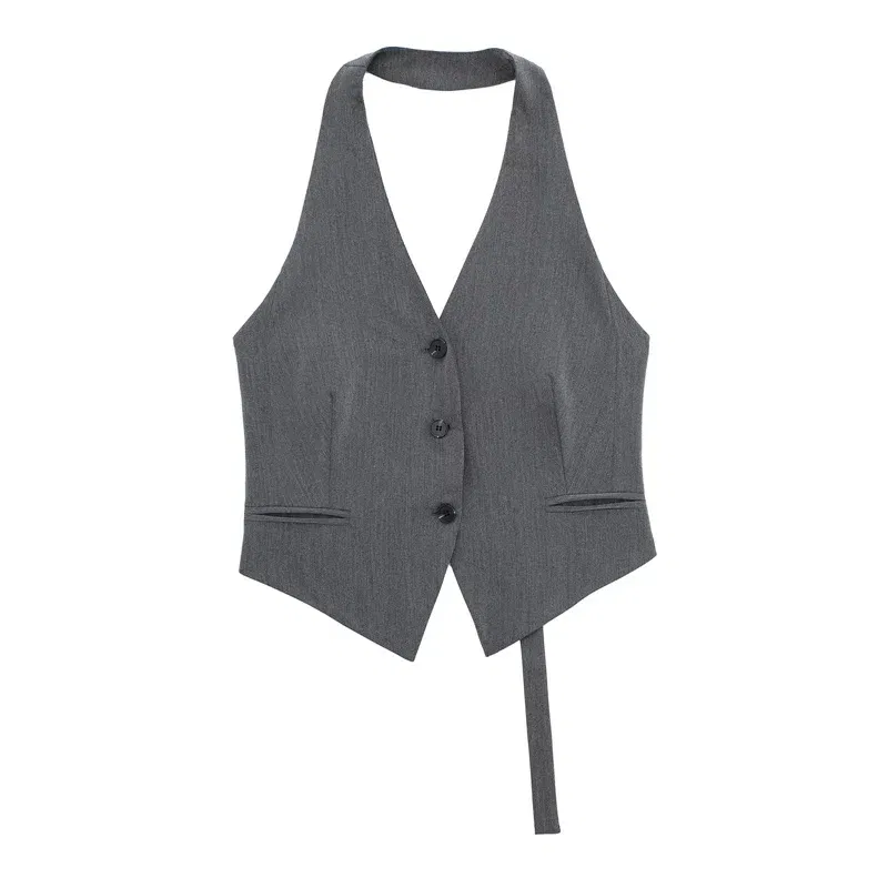 Color: GRAY, Size: M - MUJER Off Shoulder Sleeveless Vest Women Black White Cropped Vest Woman Fashion Backless V Neck Short Coats Summer Waistcoat