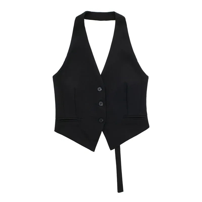 Color: GRAY, Size: M - MUJER Off Shoulder Sleeveless Vest Women Black White Cropped Vest Woman Fashion Backless V Neck Short Coats Summer Waistcoat