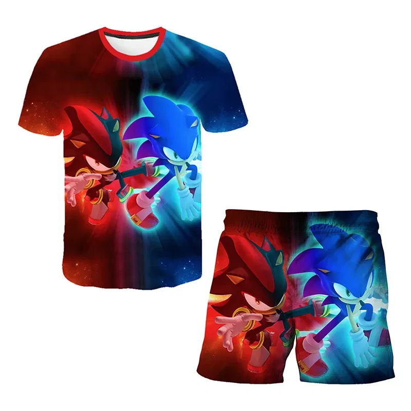 Color: MULTI, Size: 25cm - New Japanese cartoon Sonic T-shirt children's top T-shirt shorts two-piece set summer boy cartoon cute T-shirt+beach pants