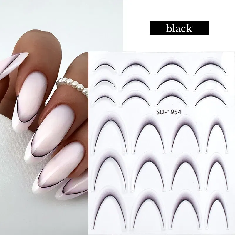 Color: Mixed Colors - White French 3D Nail Stickers Manicure Gradient Line Flower Nail Art Designs Self-Adhesive Nail Tips Guides for DIY Decoration