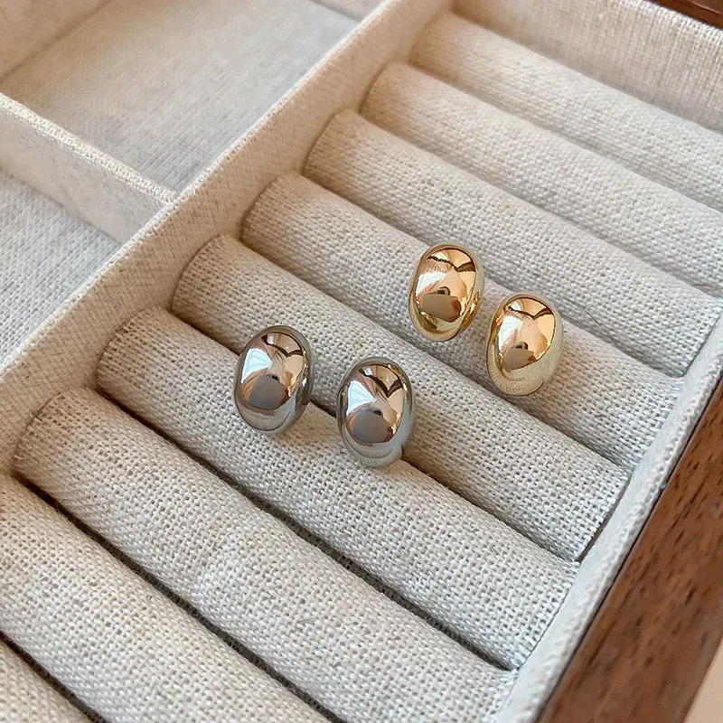 Metal Color: Gold-color - New Metal Geometry Bean Gold Silver Color Stud Earring for Women Female Sweet Jewelry Wedding Christmas Gift