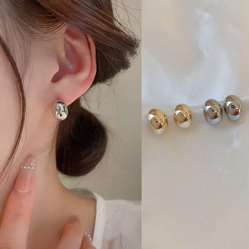 Metal Color: Gold-color - New Metal Geometry Bean Gold Silver Color Stud Earring for Women Female Sweet Jewelry Wedding Christmas Gift
