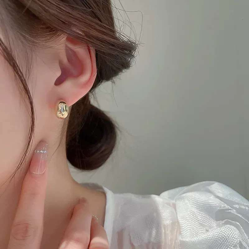 Metal Color: Gold-color - New Metal Geometry Bean Gold Silver Color Stud Earring for Women Female Sweet Jewelry Wedding Christmas Gift