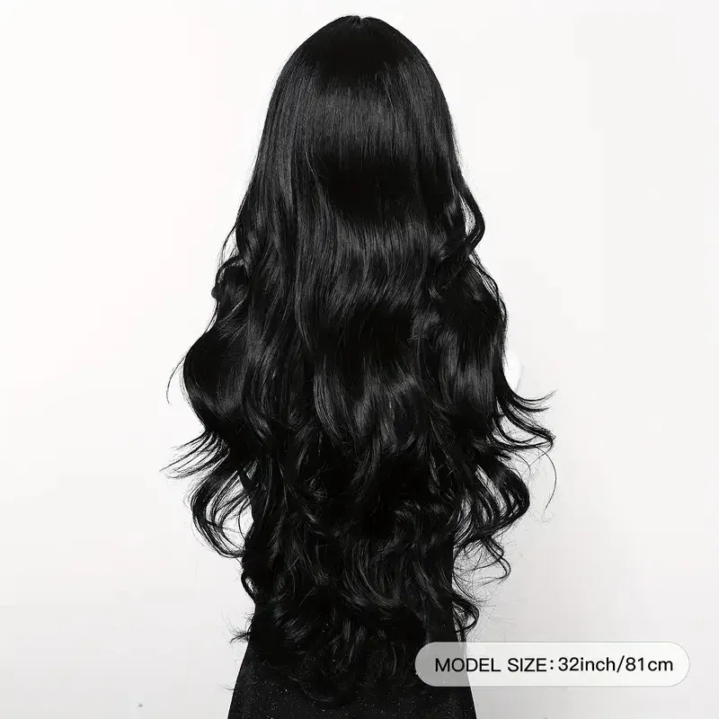 Color: T1B/PURPLE - Black synthetic wig with middle-parted long hair and big waves for party or daily use. High-temperature synthetic hair cap.