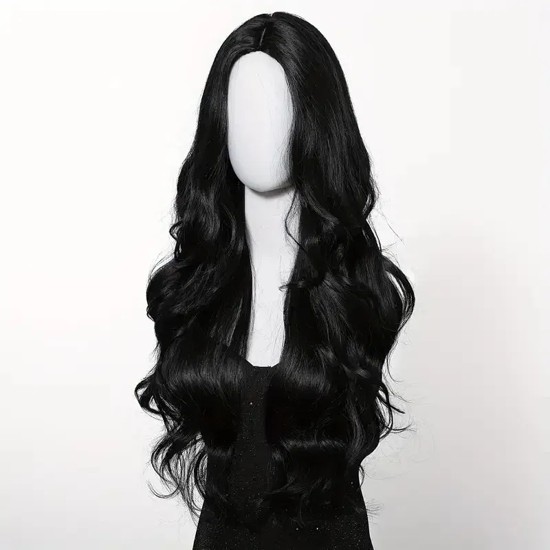 Color: T1B/PURPLE - Black synthetic wig with middle-parted long hair and big waves for party or daily use. High-temperature synthetic hair cap.