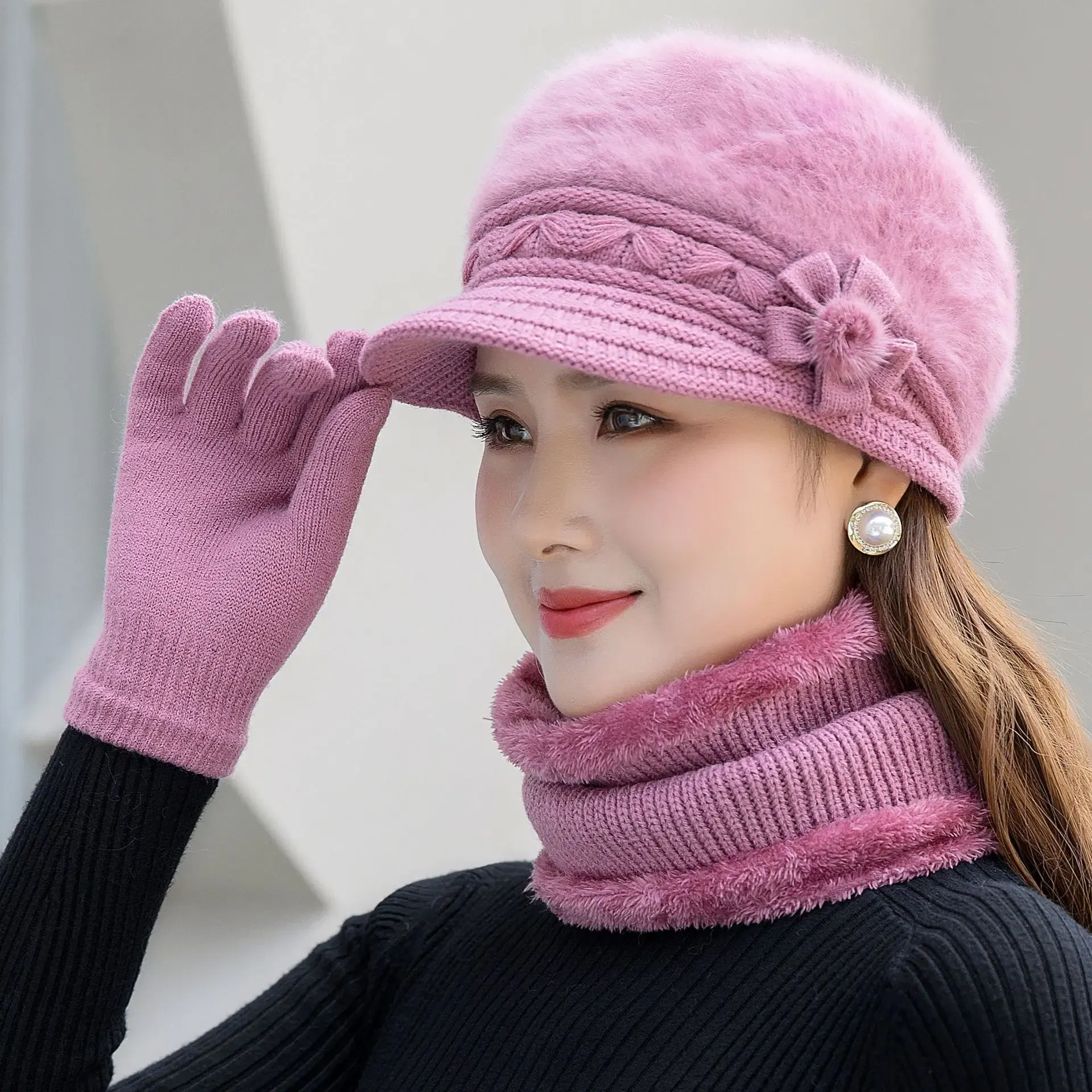 Color: Dark Grey - New Women Winter Hat Keep Warm Cap Add Fur Lined Hat & Scarf Warm Set Fashion Hat For Women Casual Faux Fur Flower Knitted Hat