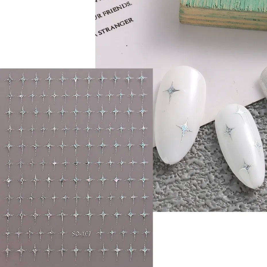 Color: Red - Sliver Stars Nails Stickers 3D Bronzing Laser White Cross Starlight Glossychic Y2k Stylish Adhesive Manicure Decorations SO-167