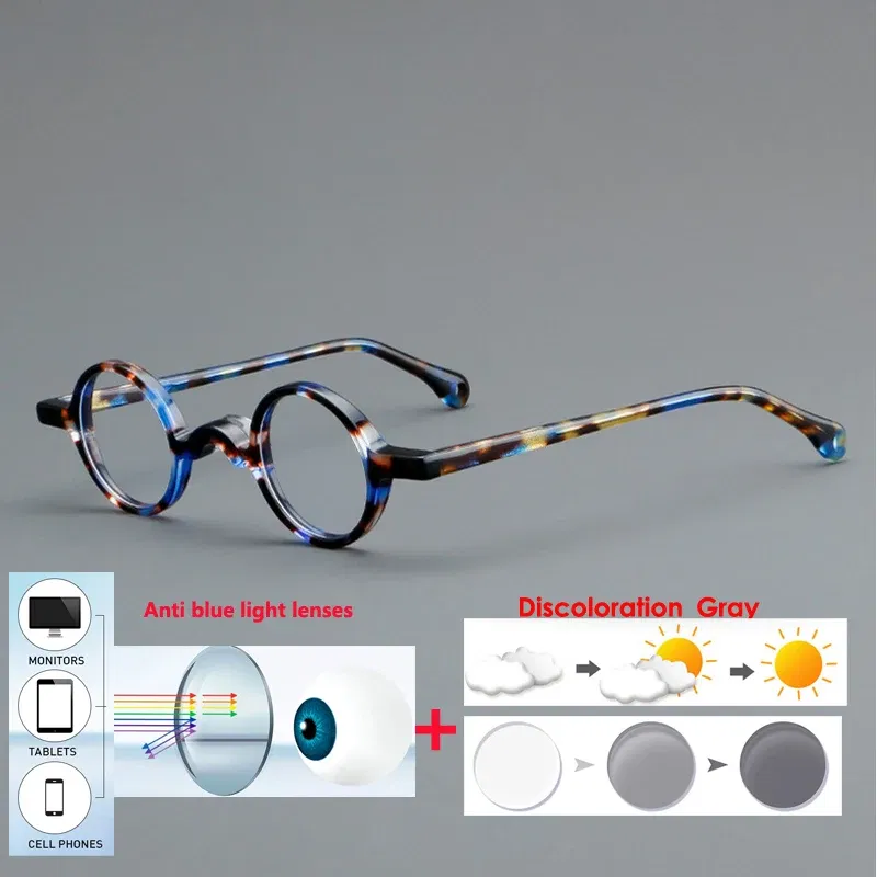 Frame Color: Bright Yellow, Eye Prescription: +550 - VCKA Photochromic Acetate Myopia Glasses Men Retro Small Round Frames Women Custom prescription Anti-Blue  Eyewear -0.5 TO -10