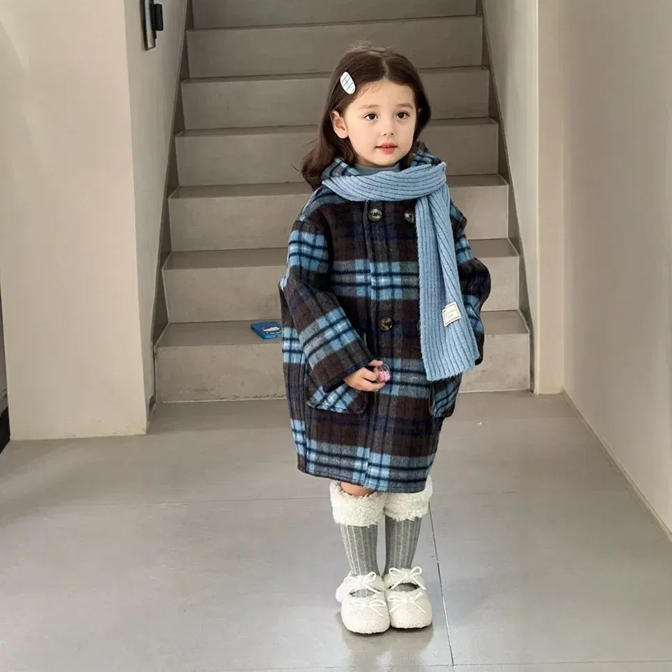 Color: Blue, Kid Size: 6T - Children's Coats Plaid Printed Woolen Padded Hooded Coat Kids Jackets for Girls Winter Clothes Kids Jacket