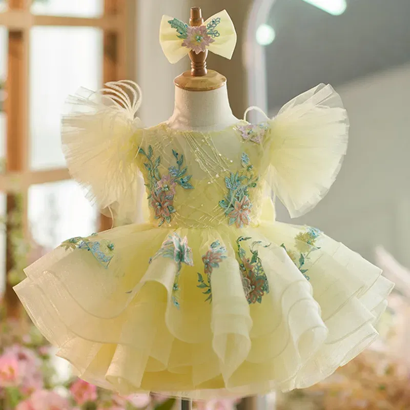 Color: green, Kid Size: 4T - New baby girl toddler dress birthday party dress exquisite unique girl sweet little fly sleeve cake skirt