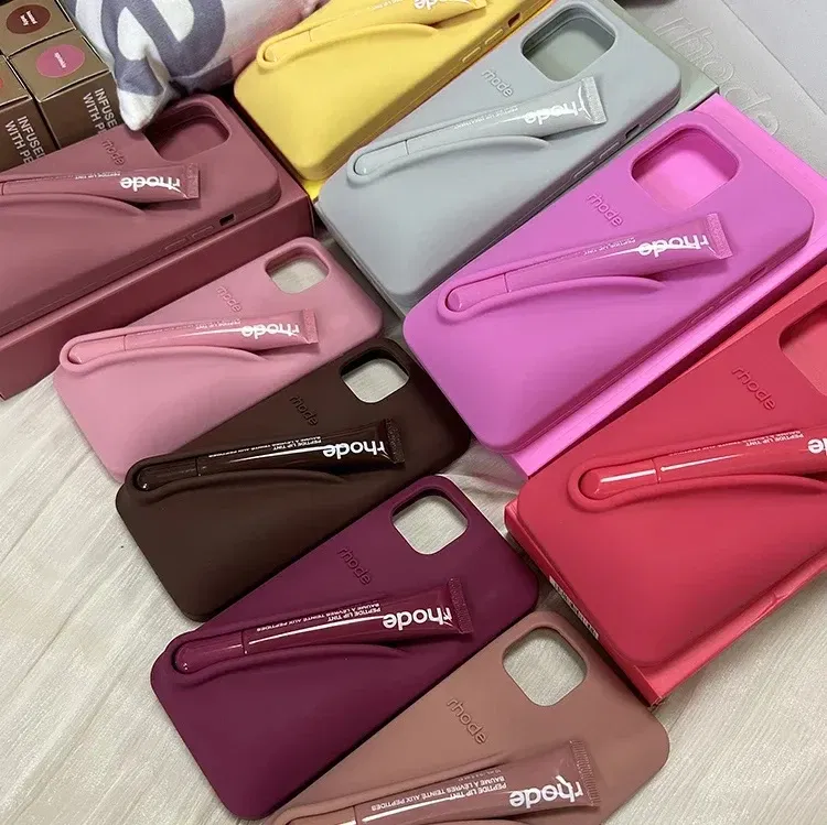 Color: Beige, Bundle: Bundle1, Material: Denim - Phone Case For iPhone 12 13 14 15 16 Pro Max Plus 17 Air Portable Lip Gloss Holder Lipstick Silicone Soft Bumper Cover Lip Glaze