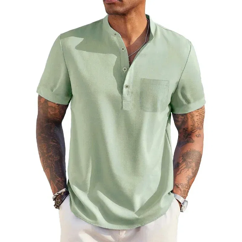 Color: Khaki, Size: XXXL - Summer Men's Cotton Linen T-Shirt Henley Neck Pocket Casual Lightweight Breathable Beach Shirt Solid Color Basic Style Tops