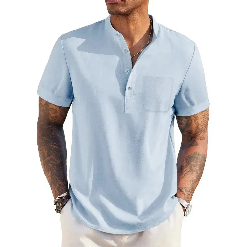 Color: Khaki, Size: XXXL - Summer Men's Cotton Linen T-Shirt Henley Neck Pocket Casual Lightweight Breathable Beach Shirt Solid Color Basic Style Tops