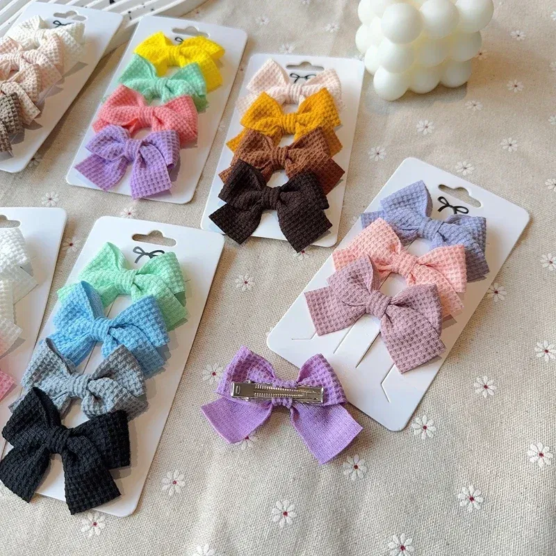 Color: Blue - 4PCS Soft Cotton Bow Hairpin Girl Sweet Plaid Design Hairpin Color Block Delicate Hairgripe Barrettes Kawaii Child Accessories