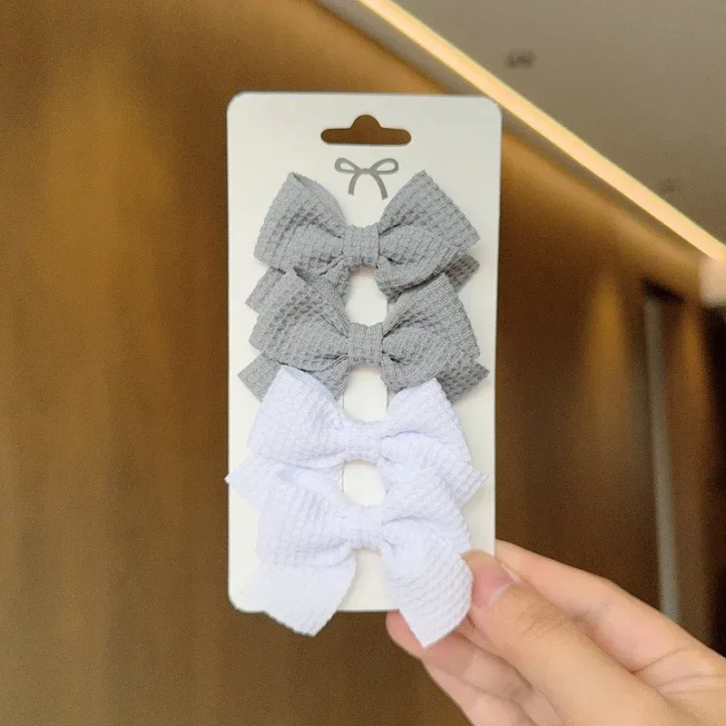 Color: Blue - 4PCS Soft Cotton Bow Hairpin Girl Sweet Plaid Design Hairpin Color Block Delicate Hairgripe Barrettes Kawaii Child Accessories