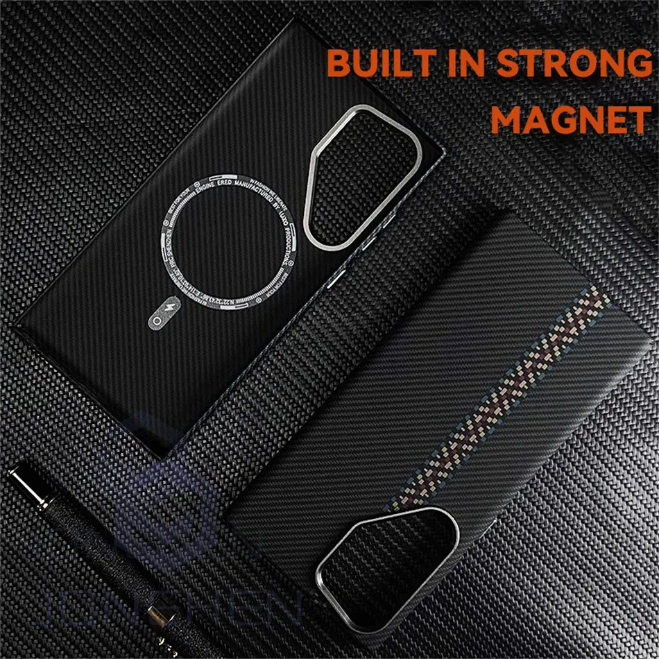 Color: Lemon yellow, Material: Vinyl - Carbon Fibre 3D Relief For MagSafe Case For Samsung Galaxy S24 Ultra S23 Plus Wireless Charge Hard PC Shockproof Magnetic Cover