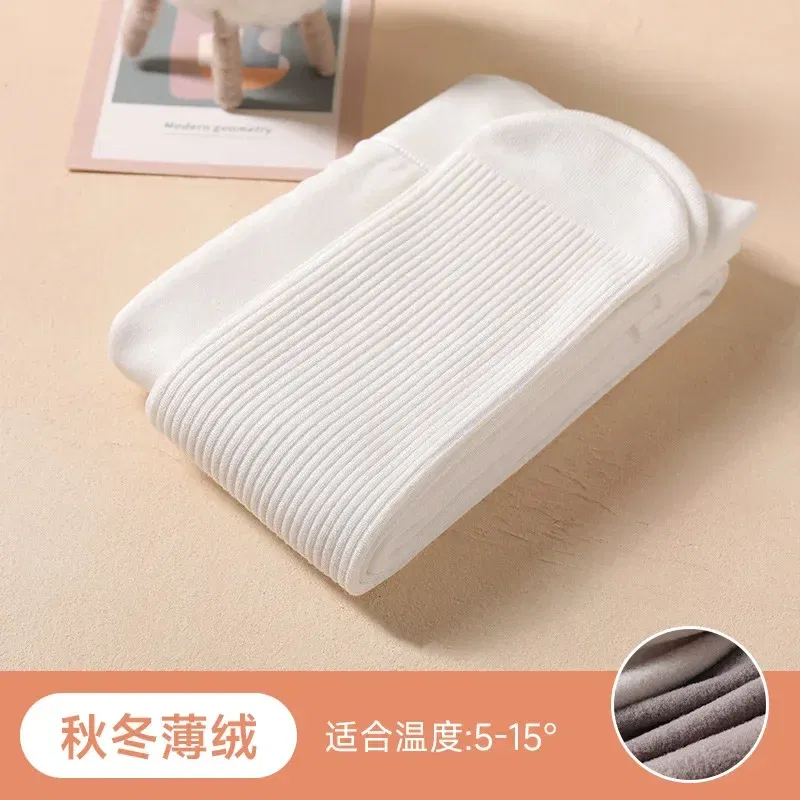 Color: WHITE, Size: S - Autumn Winter New Thin Plush Vertical Stripe Solid Color Girls' Pantyhose With Plush Warm Children's Bottom Socks and Panties
