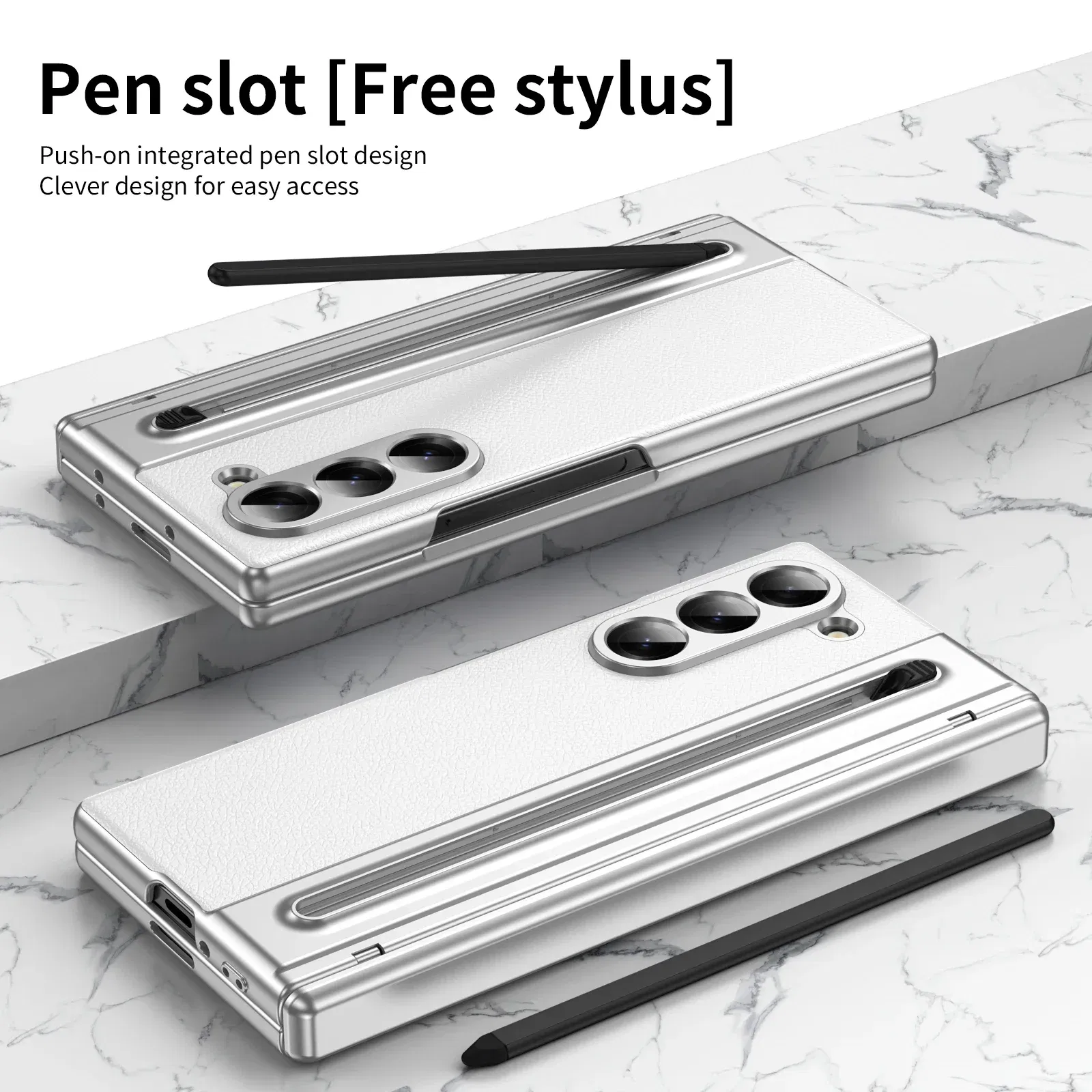 Color: WHITE, Material: ABS - With Touch Pen For Samsung Galaxy Z Fold 6 Slim 5 W25 5 4 3 Case Leather Plating Hinge 360 Full Screen Protector Folding Cover