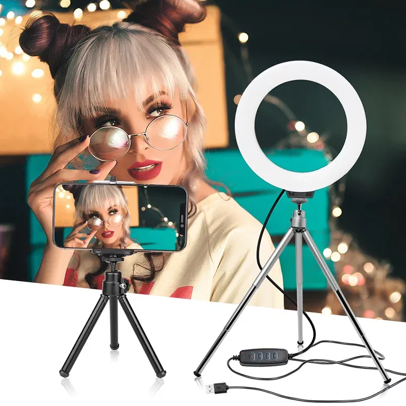 Color: light yellow, Ships From: CHINA - 6inch Mini LED Desktop Video Ring Light Selfie Lamp With Tripod Stand USB Plug Table Lamp For Make TikTok Youtube Makeup Video
