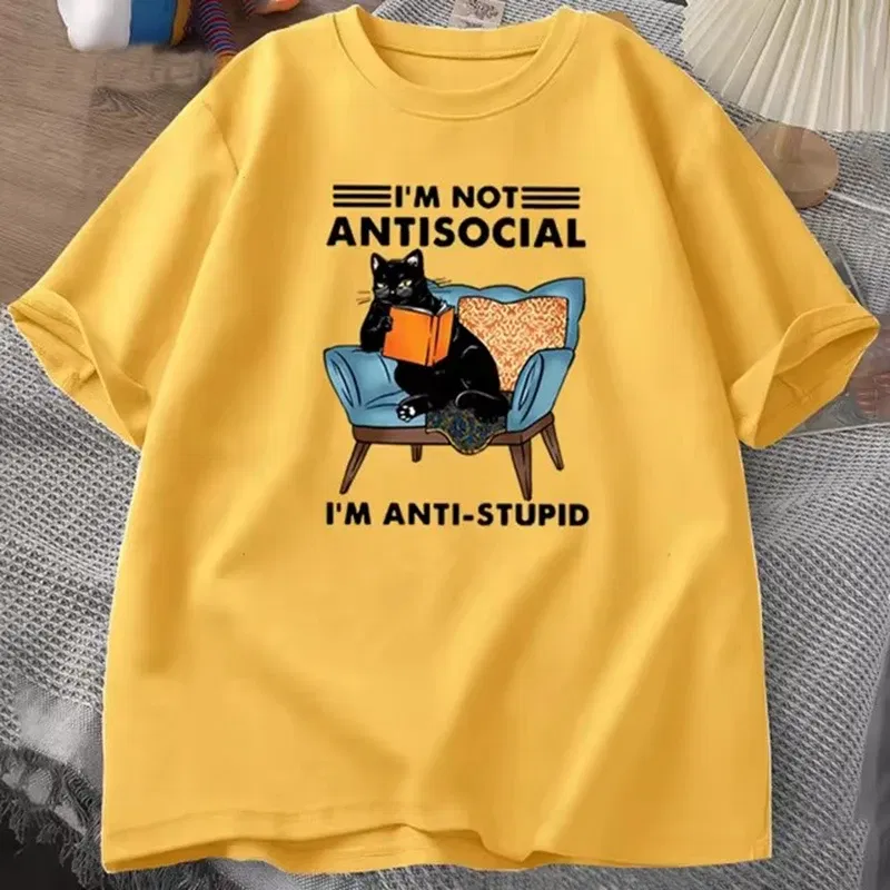 Color: Yellow, Size: XL - funny cat reading book T-Shirts Graphic Tees Cotton Mens Clothing O Neck Meme Short Sleeve Tees Harajuku Fashion Womens Oversize