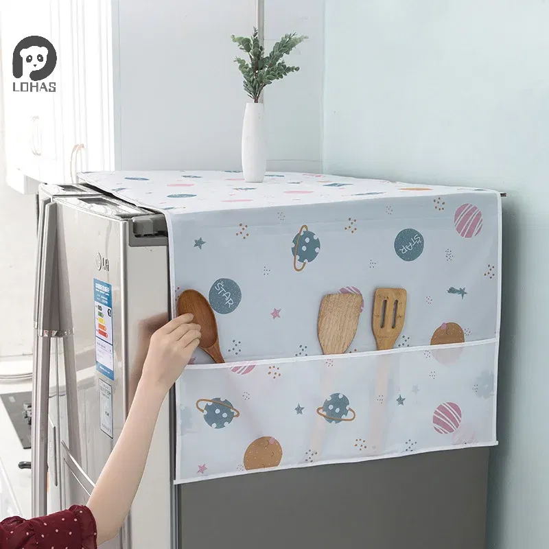 Color: light yellow - Refrigerator Dust Cover With Storage Bag Washable Multi-purpose Household Washing Machine Cabinet Dust Protection Cover