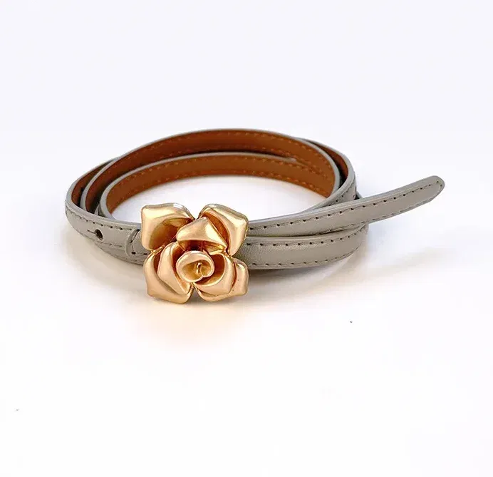 Color: LIGHT GRAY, Belt Length: 105CM - 1.0cm New Unique Rose Genuine Leather Gold Belt Women Fashion Cowskin Flower Thin Belts Female Jeans Dress Waistband
