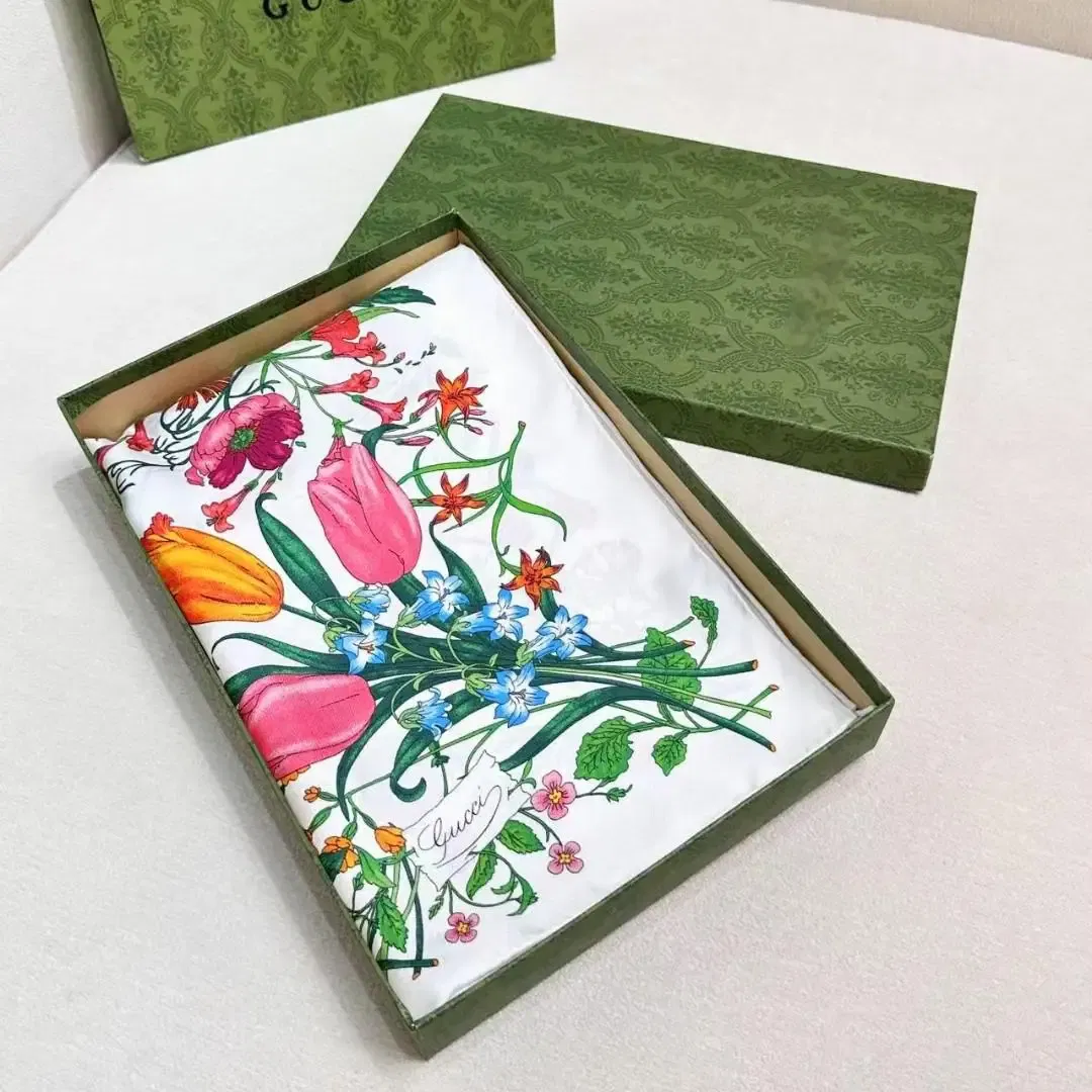 Color: Blue - High-quality Silk Handmade Square Scarf 90x90cm Classic Floral Pattern Injects The Same Romantic Atmosphere Into The New Series