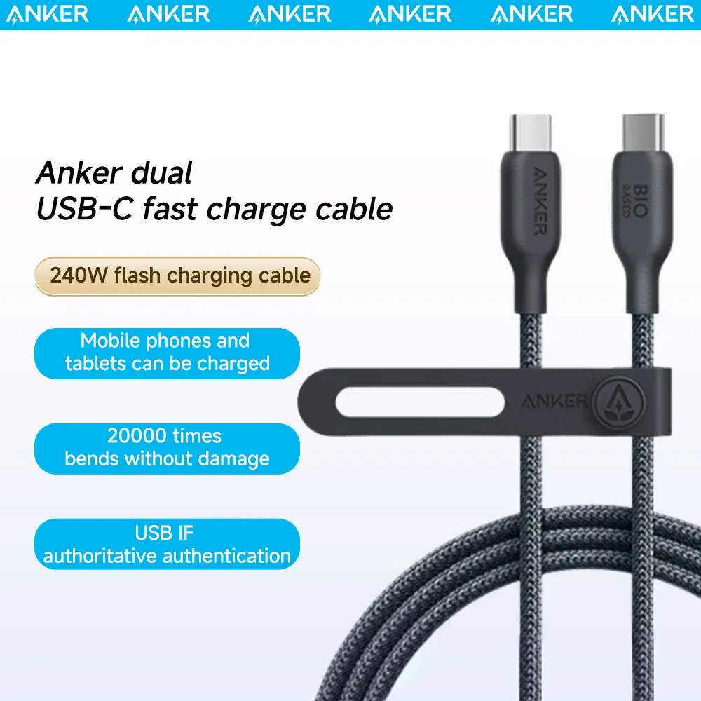 Length: 0.9m, Color: Black - Anker 240W USB-C to USB-C Cable Bio-based Nylon Braided Data Cable Environmentally For iPhone 15 iPad Pro MacBooks Android