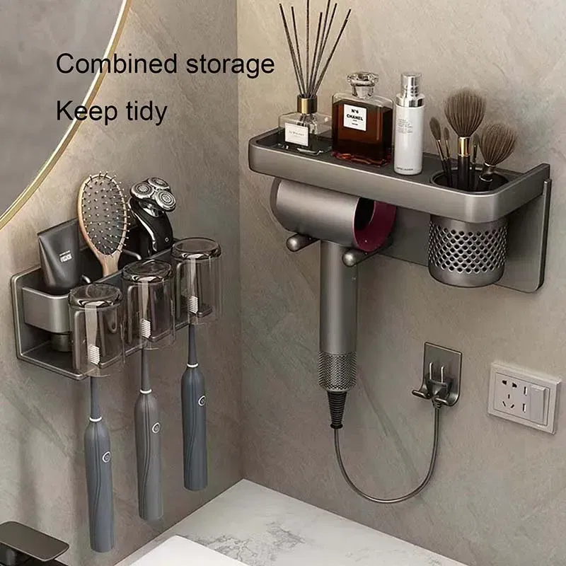 Color: Light Grey - Toothbrush Holder Wall Mounted Toothpaste Dispenser Aluminium Electric Hair Brushes Storage Bathroom Accessories House Organizer