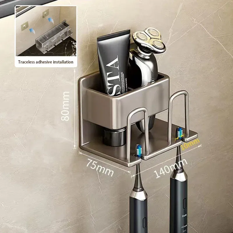 Color: Light Grey - Toothbrush Holder Wall Mounted Toothpaste Dispenser Aluminium Electric Hair Brushes Storage Bathroom Accessories House Organizer