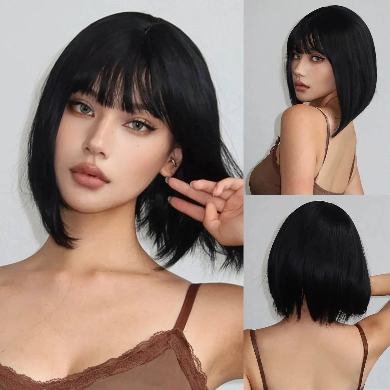 Color: #99J - Short Straight Bob Light blonde synthetic wig Ladies straight bangs Hot silk wig Christmas party Cosplay daily wear wig