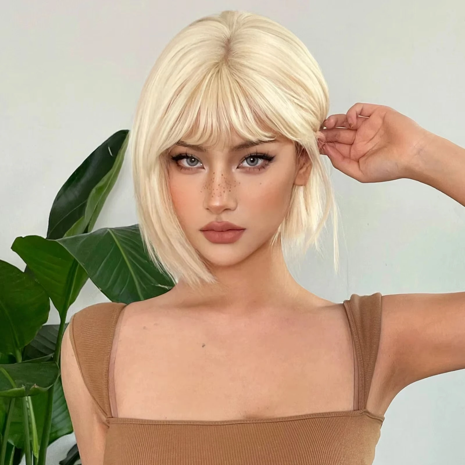 Color: #99J - Short Straight Bob Light blonde synthetic wig Ladies straight bangs Hot silk wig Christmas party Cosplay daily wear wig