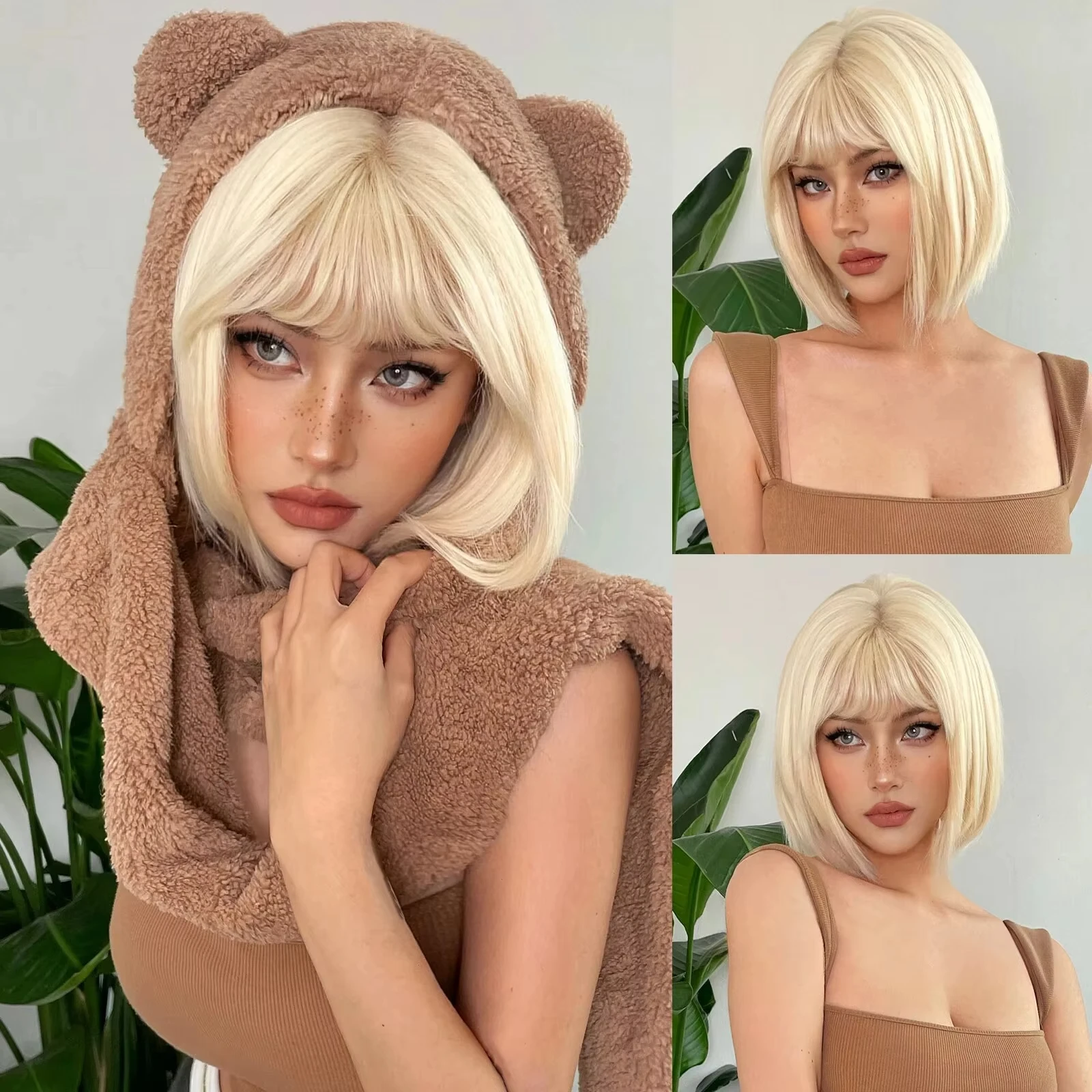 Color: #99J - Short Straight Bob Light blonde synthetic wig Ladies straight bangs Hot silk wig Christmas party Cosplay daily wear wig