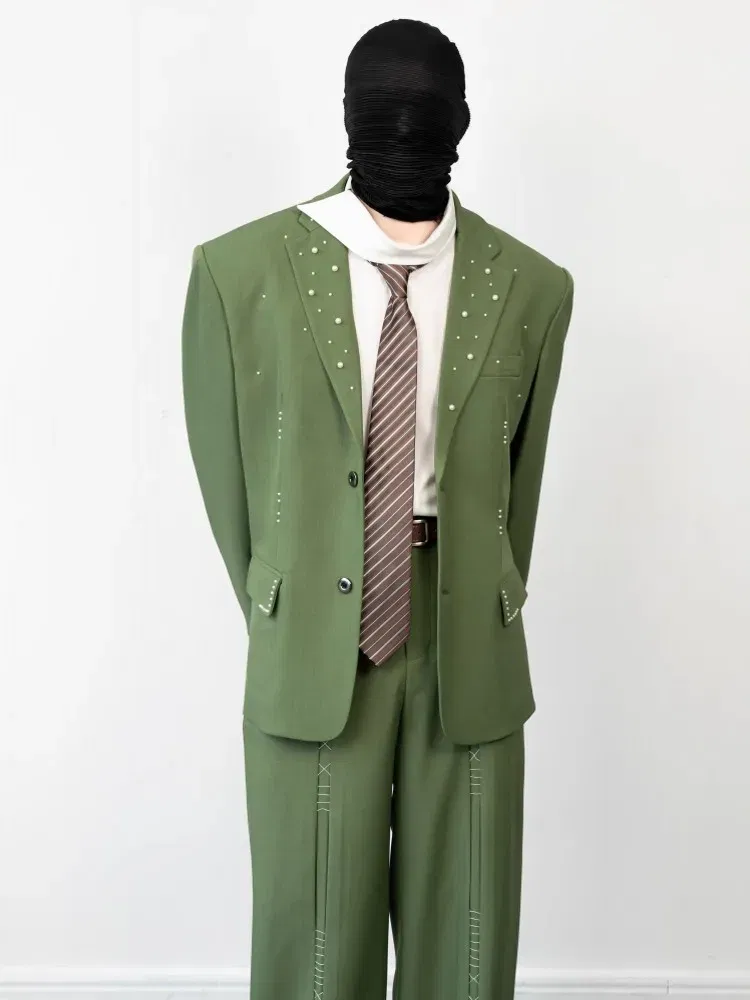 Color: green, Size: XXL - 2025 Hot Sale Mens Beads Design Spring Suits Casual Two Piece Set Loose Fit Fashion Match Set Outfit Hand Stitch Wide Leg Pants