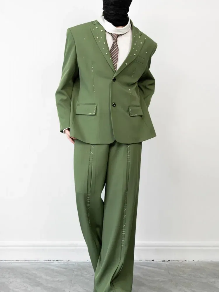 Color: green, Size: XXL - 2025 Hot Sale Mens Beads Design Spring Suits Casual Two Piece Set Loose Fit Fashion Match Set Outfit Hand Stitch Wide Leg Pants