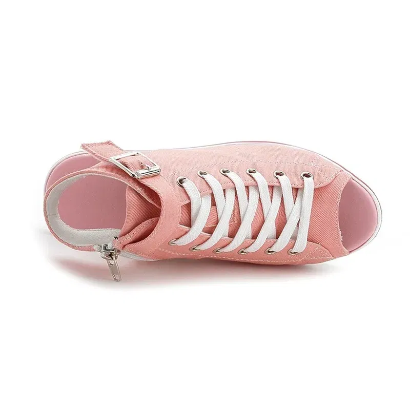 Color: Pink, Shoe Size: 42 - Spring Summer Women's Height Increasing Platform Canvas Fish Mouth Shoes Open Toe Hollow Canvas Wedge Shoes Zapatos Para Mujer