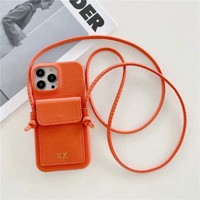 Color: Orange, Material: PC + TPU - Personalized Gold Silver Letters Leather PU Card Holder Lanyard Hard Case For iPhone 14 13 12 11 15 Pro Max XS XR 16  Plus Cover
