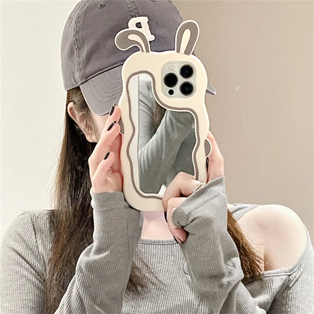 Color: Pink, Material: Wood - Cute Bunny Ears Mirror Phone Case For iPhone 15 14 Plus 13 12 11 Pro Max Shockproof Silicone Case